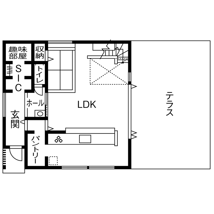 アトリエツバキ 一級建築士事務所 【1000万円台/間取り図】料理も音楽もとことん楽しめる27畳のテラスから絶景を眺められる家の間取り図（3LDK）1階