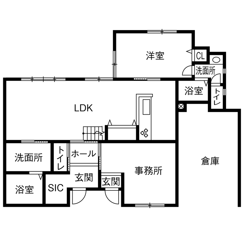 アトリエツバキ 一級建築士事務所 【2000万円台/二世帯/間取り図】事務所と住まい、それぞれの使いやすさにこだわった二世帯住宅の間取り図（5K以上）1階