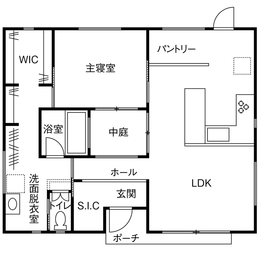 アトリエツバキ 一級建築士事務所 【～1500万円/狭小/20坪台/間取り図】中庭を中心とした回遊動線のコンパクトな平屋の間取り図（1LDK）1階