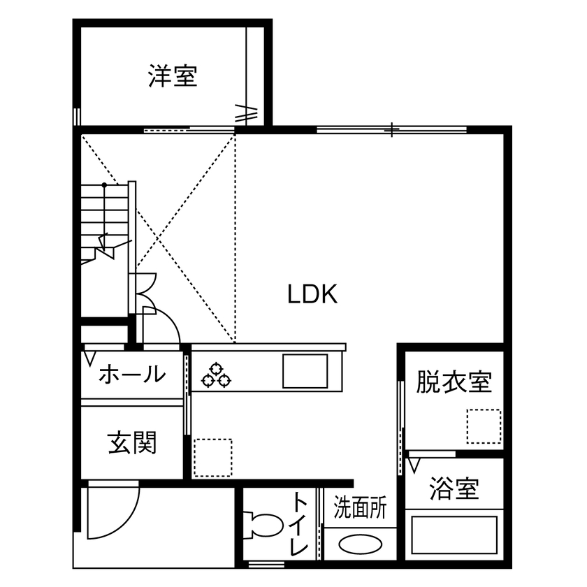 アトリエツバキ 一級建築士事務所 【～1500万円/吹抜け/間取り図】ダウンライトゼロ。空間ごとに光の個性が輝く住まいの間取り図（4LDK）1階