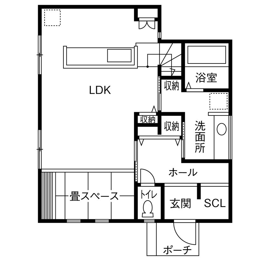 アトリエツバキ 一級建築士事務所 【1000万円台/間取り図】子育てしやすい間取りで快適に。カワイイに囲まれた30坪の家の間取り図（2LDK）1階