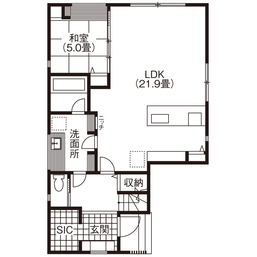 アトリエツバキ 一級建築士事務所 【1000万円台/間取り図】LDK＋和室で広々くつろげる、子どもの成長を願ってこだわった住まいの間取り図（4LDK）1階