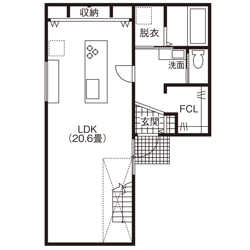 アトリエツバキ 一級建築士事務所 【～1500万円台/間取り図】スケルトン階段やアイランドキッチン。おしゃれなLDKが自慢の家の間取り図（3LDK）1階