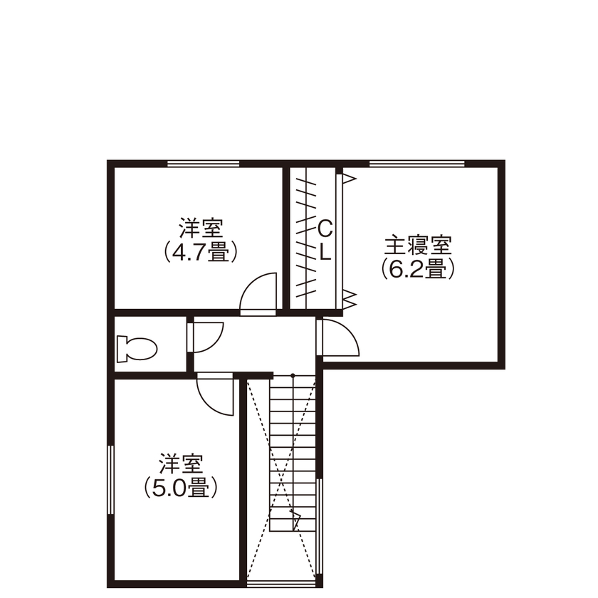 アトリエツバキ 一級建築士事務所 【～1500万円台/間取り図】スケルトン階段やアイランドキッチン。おしゃれなLDKが自慢の家の間取り図（3LDK）2階