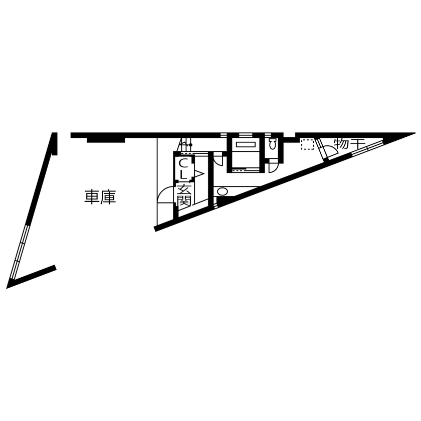 エアコーポレーション 【間取り図有｜2500万円台｜3LDK｜建築家と建てる｜狭小変形土地｜インナーガレージ】三角地の家の間取り図（3LDK）1階