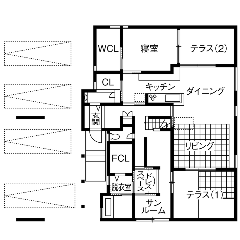 エアコーポレーション 【間取り図有｜2000万円～｜2LDK｜建築家と建てる｜モダン×無垢材】ふたつの中庭を持つ家の間取り図（2LDK+テラス）1階
