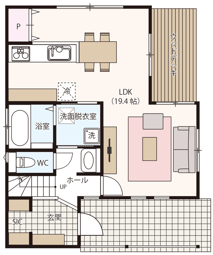 ブルージア 【間取り有】四季を通じて心地よさに包まれる。G2レベルの断熱性能を備えたアメリカンハウスの間取り図（3LDK）1階