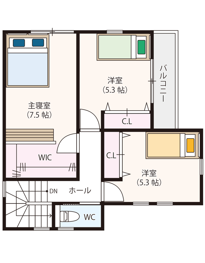ブルージア 【間取り有】四季を通じて心地よさに包まれる。G2レベルの断熱性能を備えたアメリカンハウスの間取り図（3LDK）2階