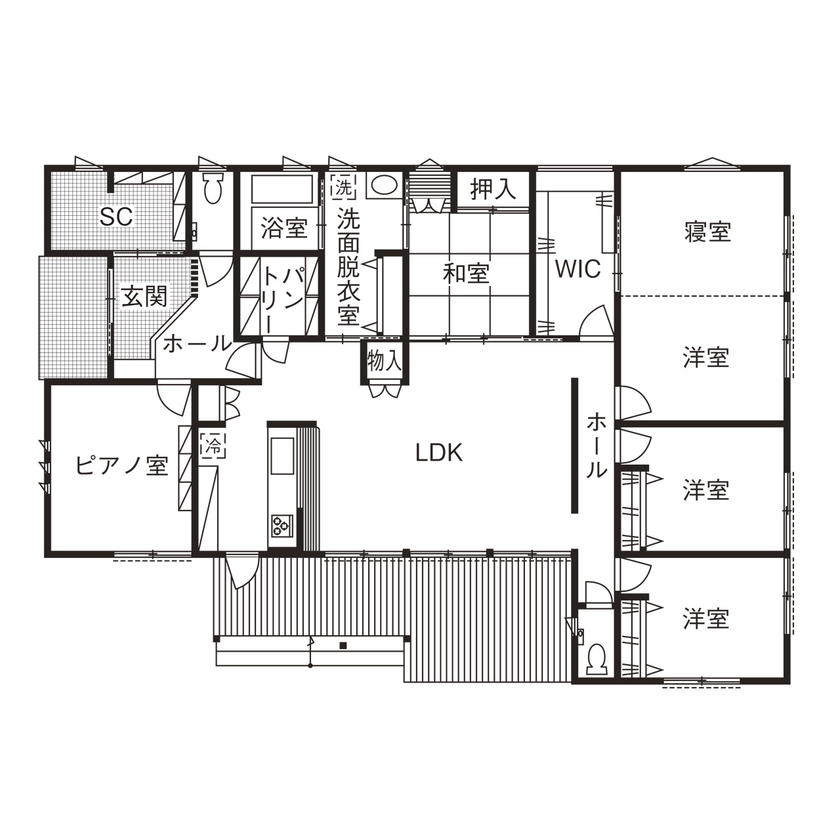 カクニシビルダー 【42坪/間取り図有】カバードポーチや庭と繋がる暮らしを実現。西海岸を彷彿とさせる爽やかな平屋の間取り図（5K以上）1階