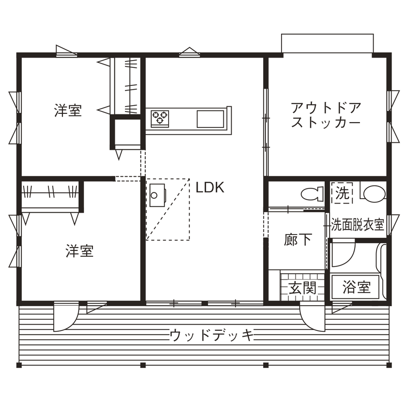 BinO太田 中村住宅工業 【COVACO #薪ストーブ #ガレージ #ウッドデッキ】木の温もりに包まれたログハウス風平屋の間取り図（2LDK）1階