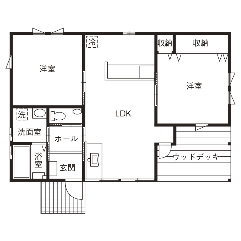 BinO太田 中村住宅工業 【COVACO ＃ウッドデッキ #造作棚】木の香りに包まれた、暮らしに手間をかけたくなる家の間取り図（2LDK＋ウッドデッキ）1階