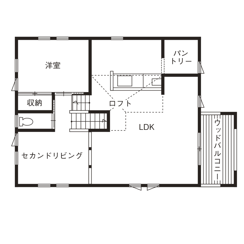 BinO太田 中村住宅工業 【ALLen #パントリー #ウッドバルコニー 】家族も友達も居心地がいい空間 いつも誰かが遊びに来る家の間取り図（4LDK＋ガレージ）2階