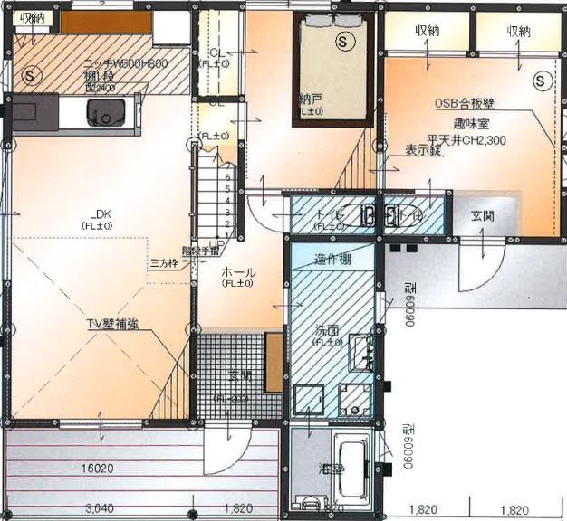 BinO太田 中村住宅工業 【LOAFER #タイル #造作棚 #ウッドデッキ】家族にも仕事にも愛情たっぷり ウイスキーを嗜む家の間取り図（4LDK＋小屋裏）1階