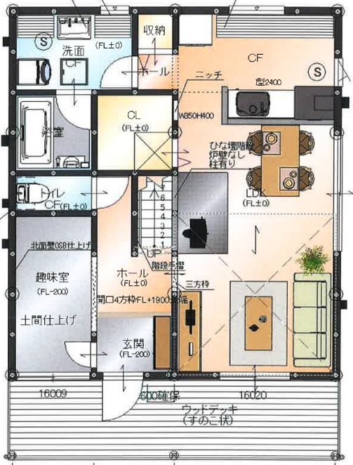 BinO太田 中村住宅工業 【LOAFER #ウッドデッキ #タイル #シューズクローゼット】犬と暮らす お気に入りのモノを愛でる家の間取り図（2LDK＋趣味室＋小屋裏）1階