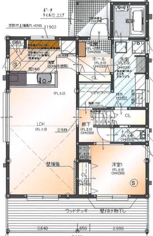 BinO太田 中村住宅工業 【LOAFER #造作洗面 #吹抜け ＃ウッドデッキ】大人の秘密基地 スコッチを味わう至福の家の間取り図（3LDK+小屋裏収納）1階
