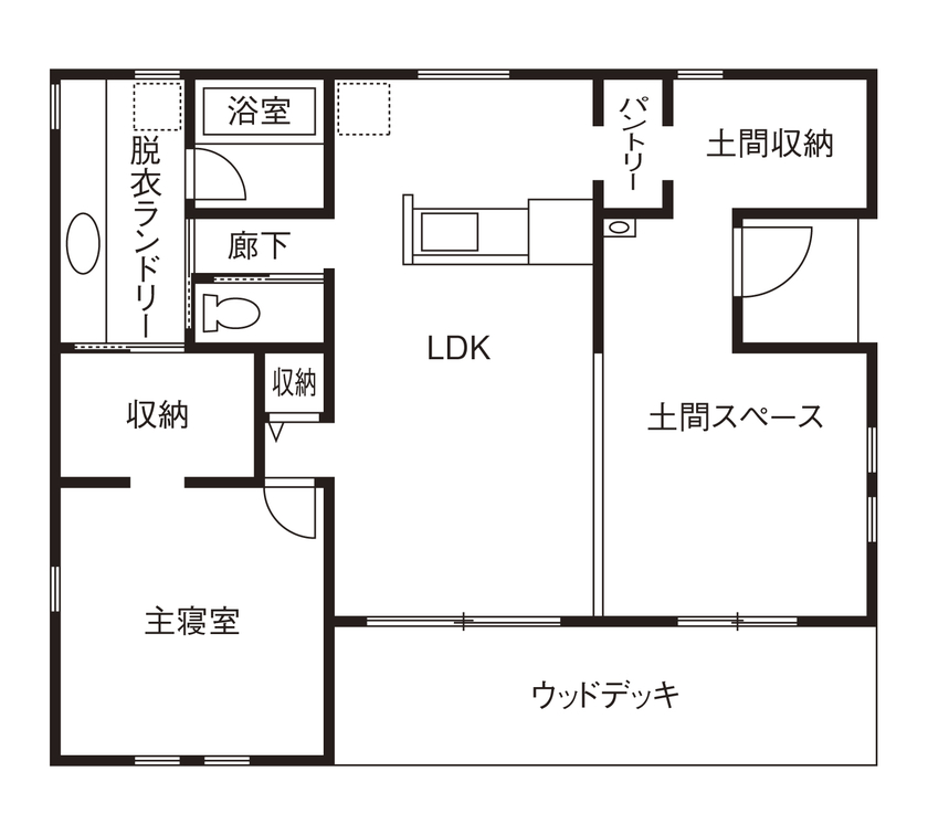 BinO太田 中村住宅工業 【COVACO #土間リビング #造作洗面】観葉植物が映える 土間リビングで寛ぐしっとりした平屋の間取り図（1LDK）1階