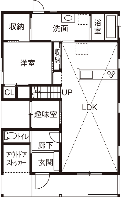 BinO太田 中村住宅工業 【POCHE #書斎 #ガレージ #ウッドデッキ】ワークスペースとアウトドアストッカー 仕事も趣味も充実の家の間取り図（3LDK）1階