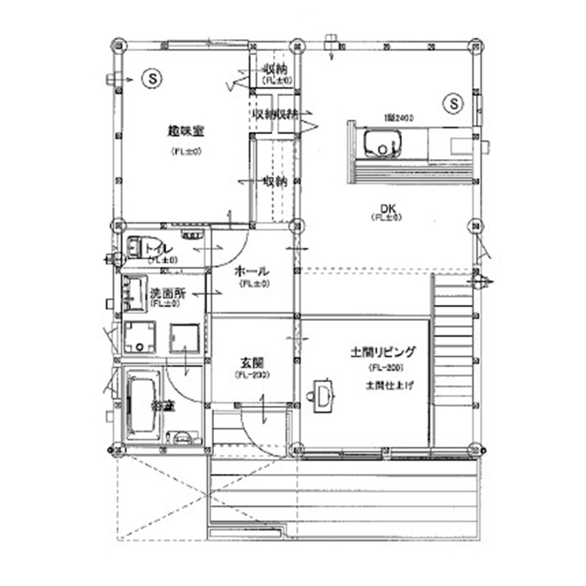 BinO太田 中村住宅工業 【BOOOTS #吹抜け #セカンドリビング】こだわりのリビング階段と薪ストーブ 自然と人が集まるLDKの間取り図（3LDK＋2階ホール）1階