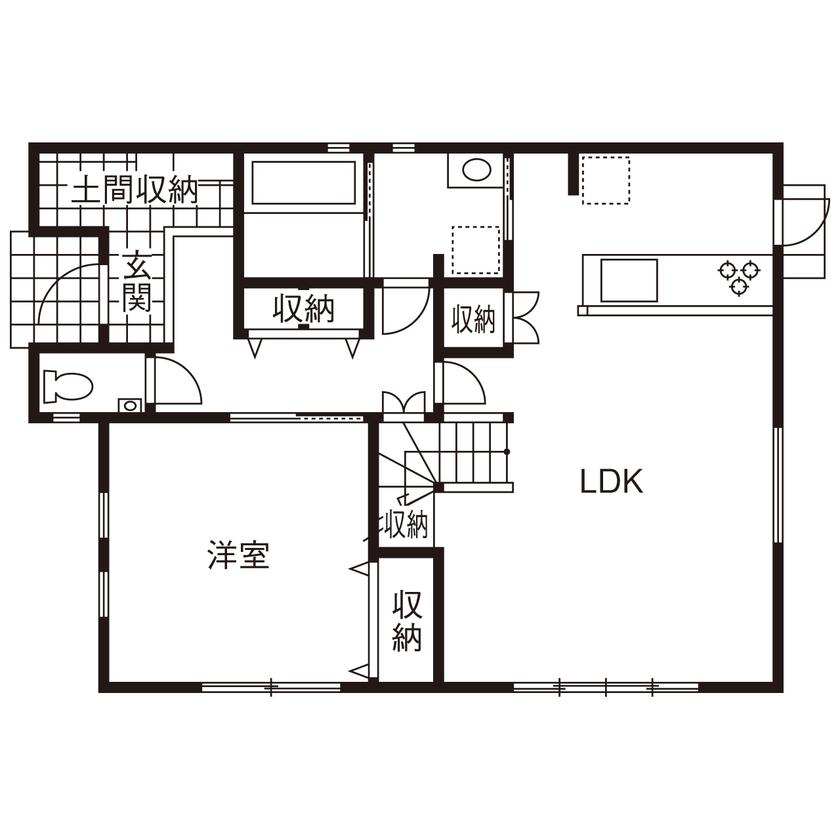 サンエルホーム 【松山市／広々LDK】家事の姿が絵になる可愛いキッチン。料理をしながら、子どもが遊ぶ様子も目に入るの間取り図（4LDK）1階