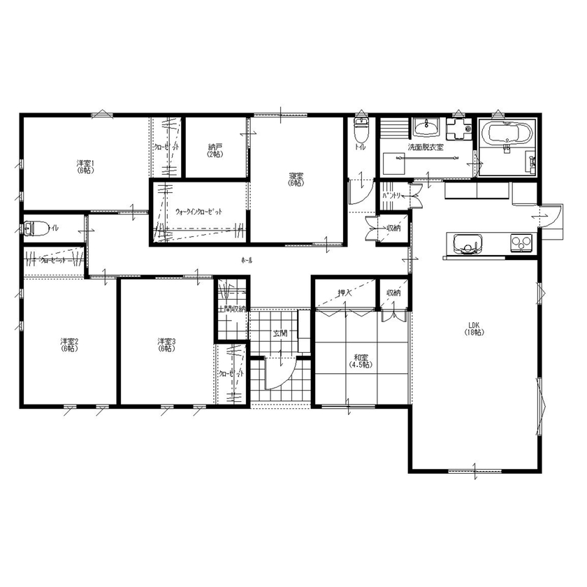 サンエルホーム 【1500～1999万円／5LDK】家族が近い空間で一緒に過ごせて、家族団らんの時間を大切に出来る暮らしの間取り図（5K以上）1階