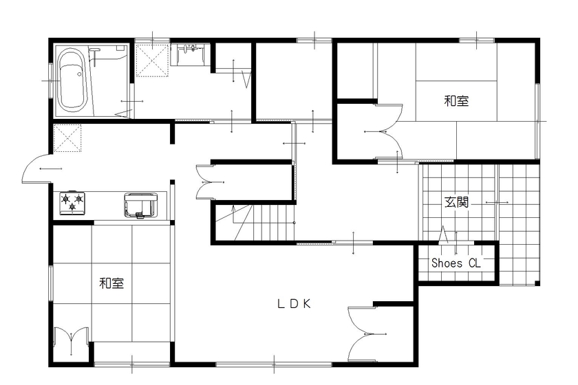 川口建設 【2000万円台/和歌山県/木の家/30坪台/間取り】備長炭の天井に松の梁が映える、産直材を贅沢に使った家の間取り図（4LDK）1階