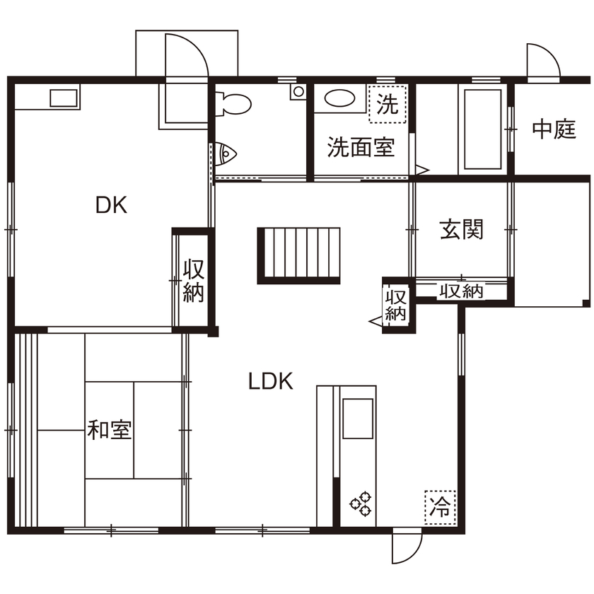 川口建設 【大阪府/間取り図/木の家/ナチュラル】原木の手すりや丸太梁。野趣あふれる木が吹き抜け空間に個性を醸すの間取り図（3LDK）1階