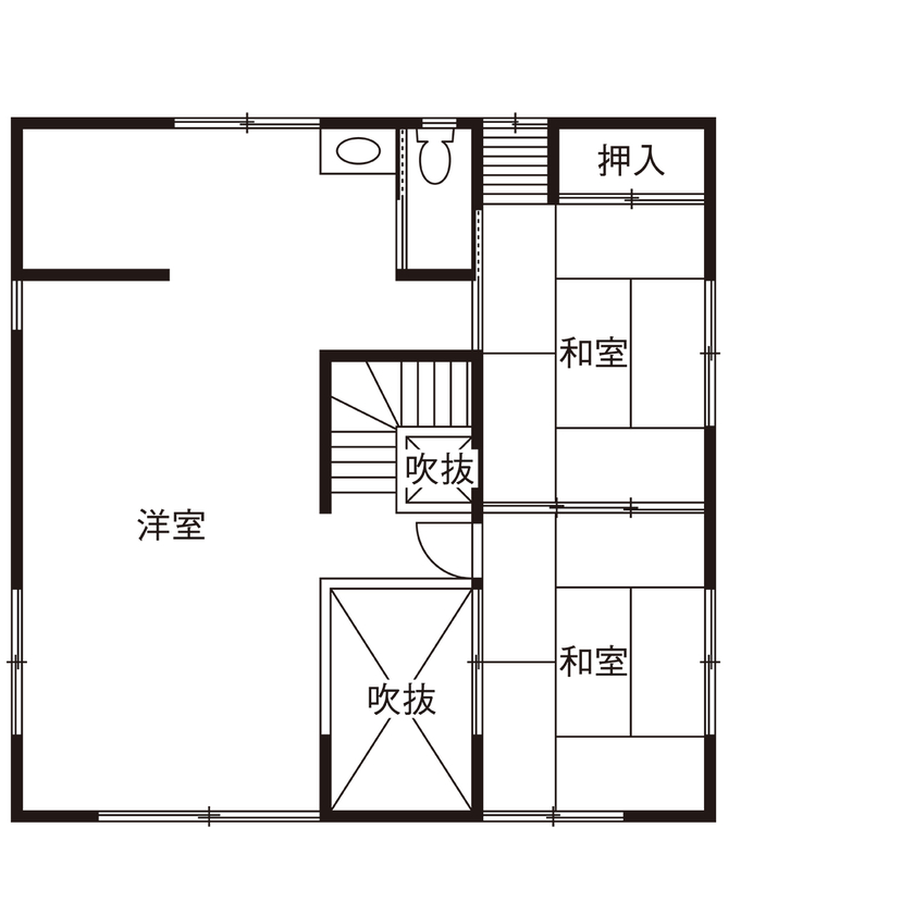 川口建設 【大阪府/間取り図/木の家/ナチュラル】原木の手すりや丸太梁。野趣あふれる木が吹き抜け空間に個性を醸すの間取り図（3LDK）2階