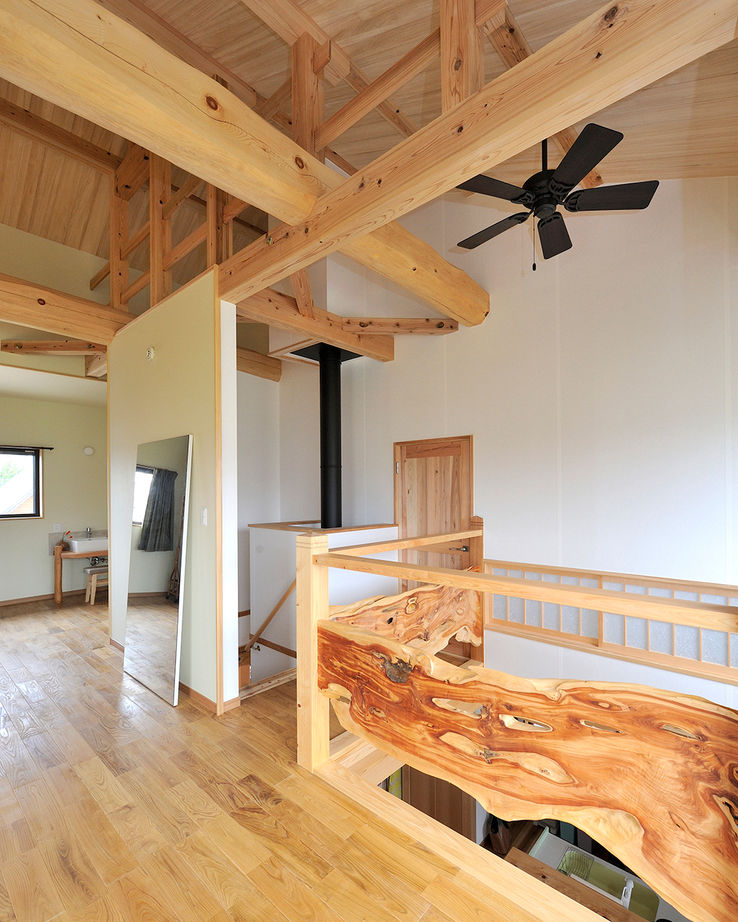川口建設 【大阪府/間取り図/木の家/ナチュラル】原木の手すりや丸太梁。野趣あふれる木が吹き抜け空間に個性を醸すの建築実例画像3