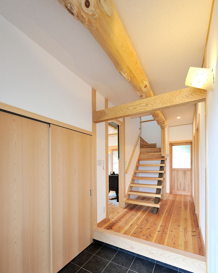 川口建設 【大阪府/間取り図/木の家/ナチュラル】原木の手すりや丸太梁。野趣あふれる木が吹き抜け空間に個性を醸すの建築実例画像7