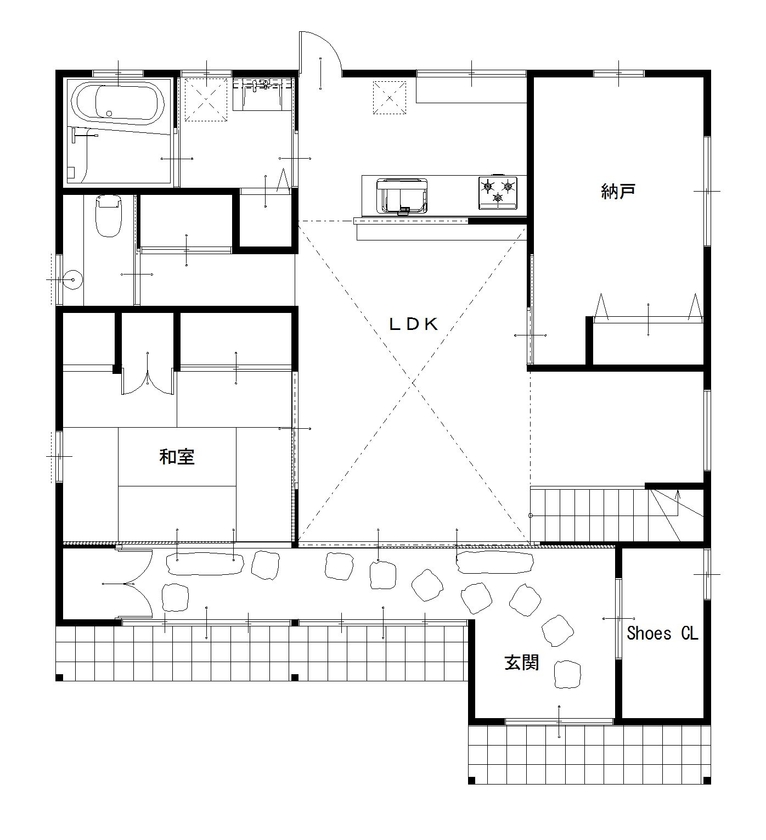 川口建設 【2000万円台/大阪府/自然素材】多種多様な材を使用し、思い出と新しさを感じる「懐新」の家の間取り図（3LDK）1階