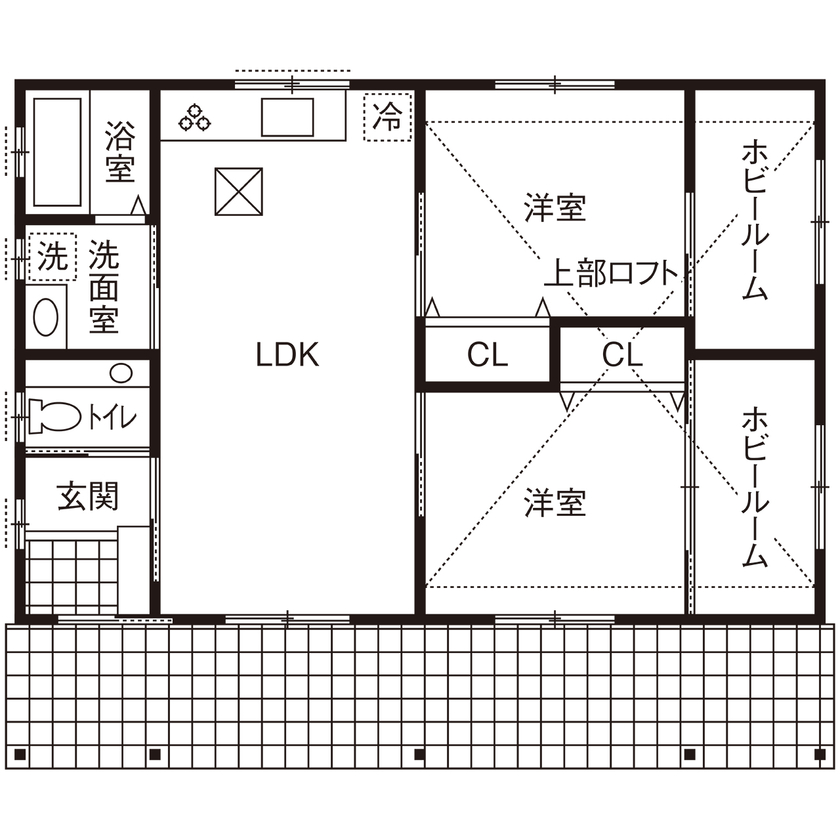 川口建設 【価格1000万円台/平屋/延床30坪/間取り】8寸角の大黒柱や太い梁が支えるロフト付き平屋/ナチュラル/木の家の間取り図（2LDK）1階