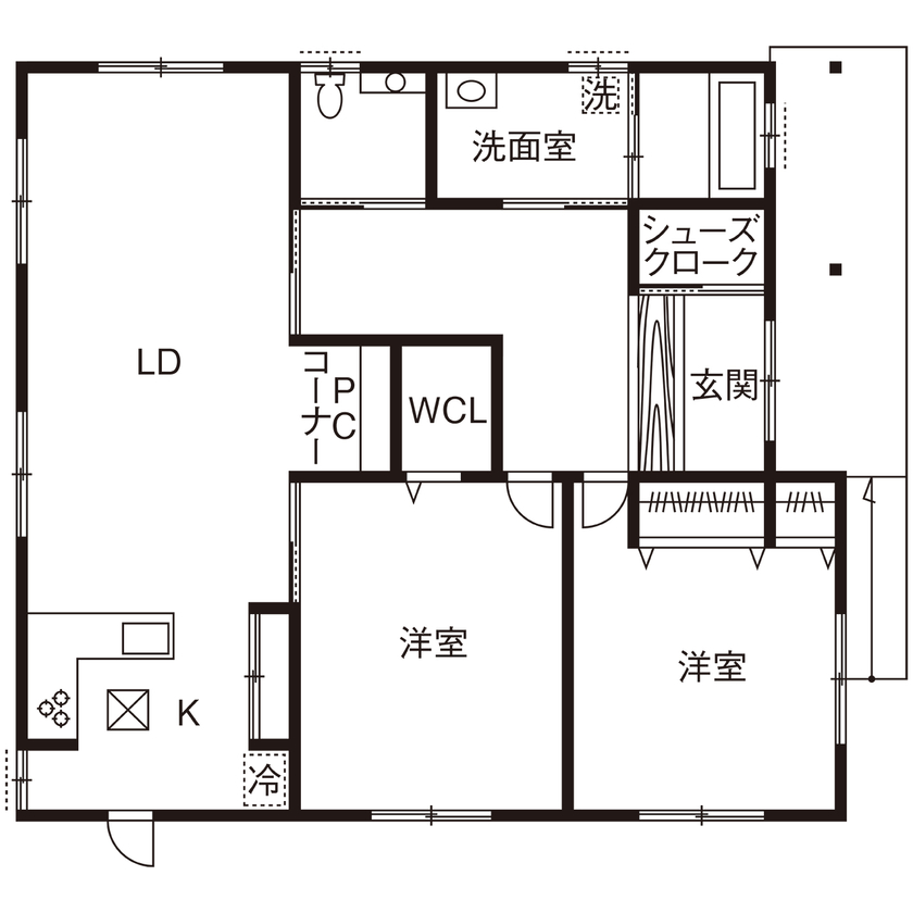 川口建設 【2000万円台/大阪府/平屋/木の家/30坪/間取り図】大工の手仕事で唯一無二の家に。産直材が豊かに香る平屋の間取り図（2LDK）1階