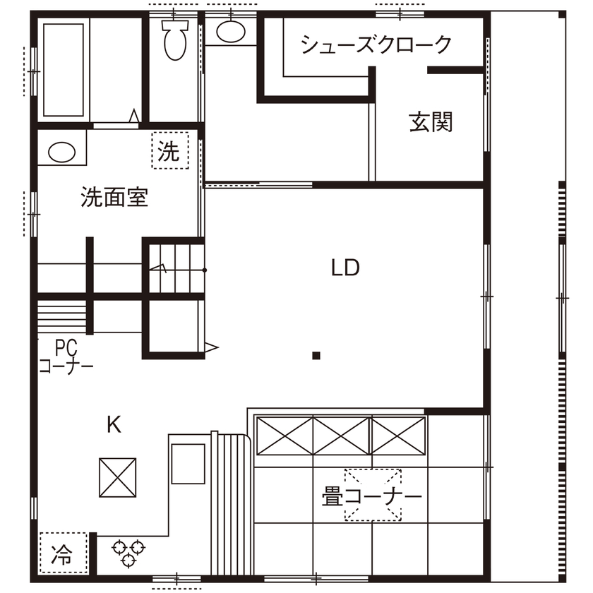 川口建設 【2000万円台/大阪府/木の家/和モダン/間取り】家族が集まる工夫満載リビング。産直材と手仕事の温もりの家の間取り図（3LDK）1階