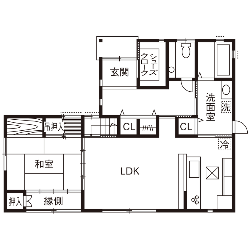 川口建設 【2000万円台/大阪府/木の家/変形地/間取り】斜面地に建てた頑丈な木造住宅。眺めを楽しみ、デッキでBBQもの間取り図（5LDK）１階
