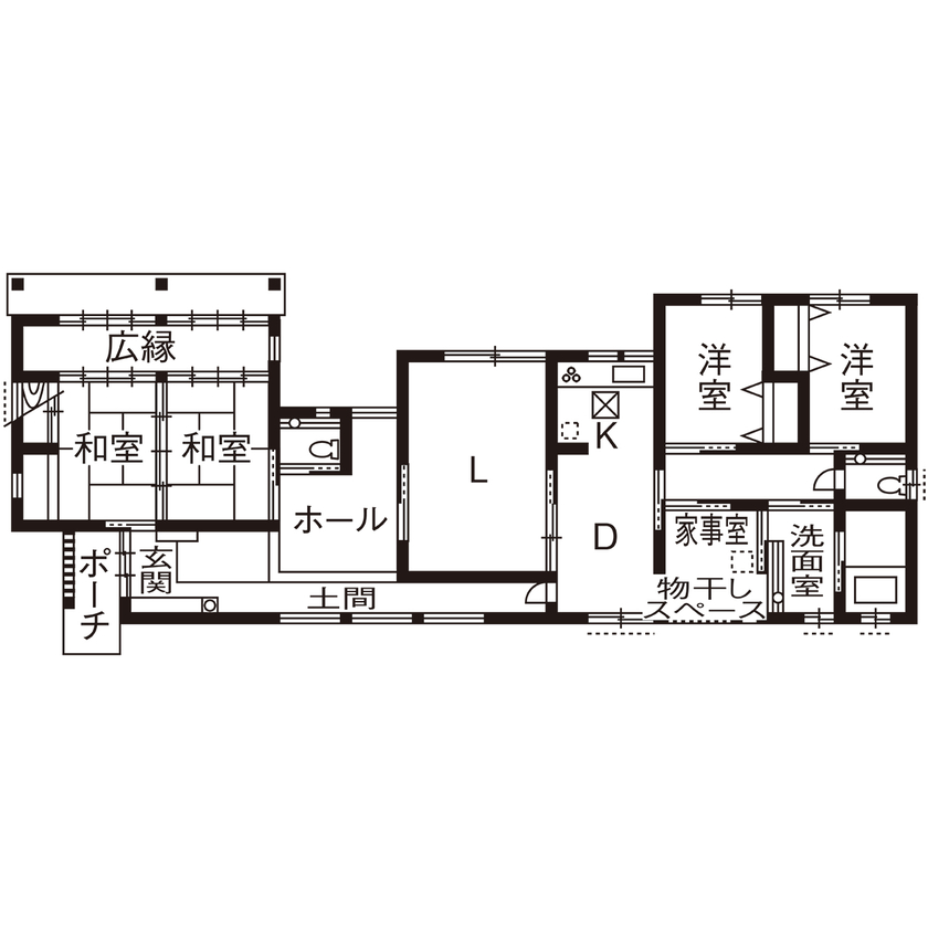 川口建設 【3000万円台/奈良/平屋/木の家/40坪台/間取り】京町屋の趣を産直材と大工の技で実現。モダンな意匠の平屋の間取り図（4LDK）1階