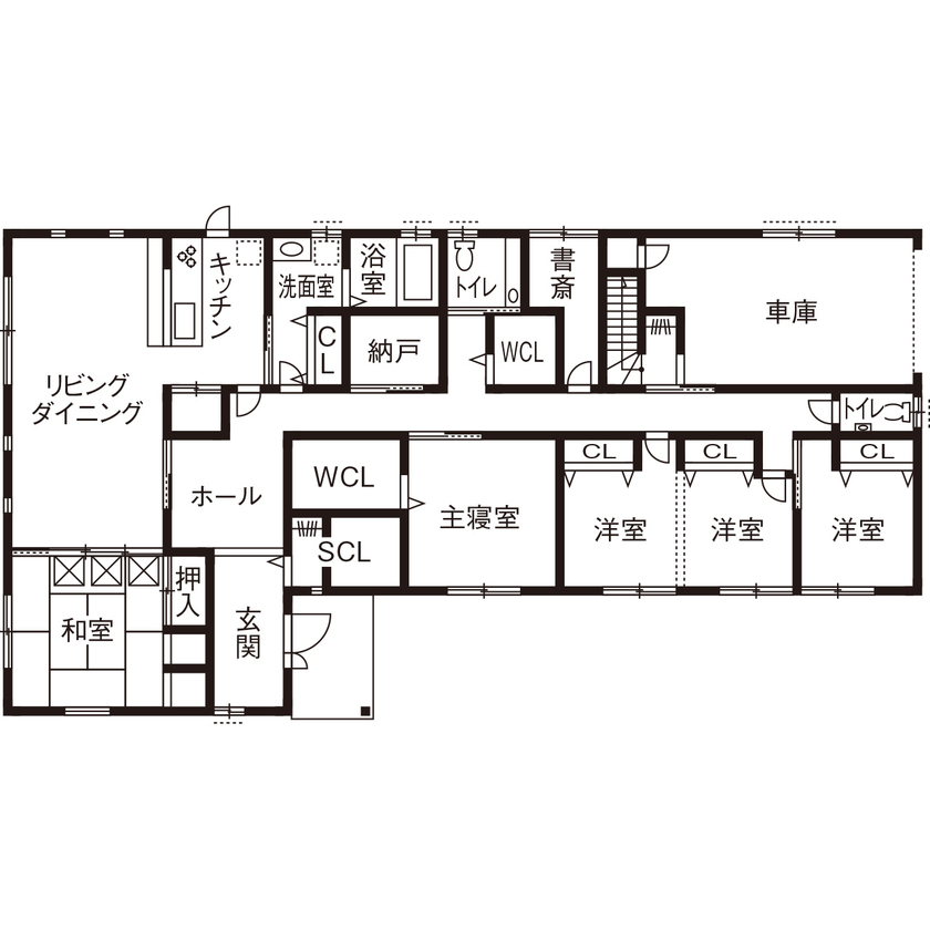川口建設 【平屋/木の家/2000万円台】勾配天井に太い梁。様々な木を大工の手仕事で生かした、子育て家族の家の間取り図（4LDK）1階