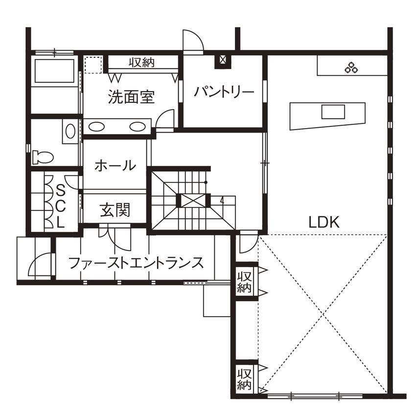 オカモトハウジング 【間取り図有/吹き抜け/ガレージ】規制があるから、名作が生まれる。準防火地域に建つ木造3階建ての大邸宅の間取り図（4LDK）1階
