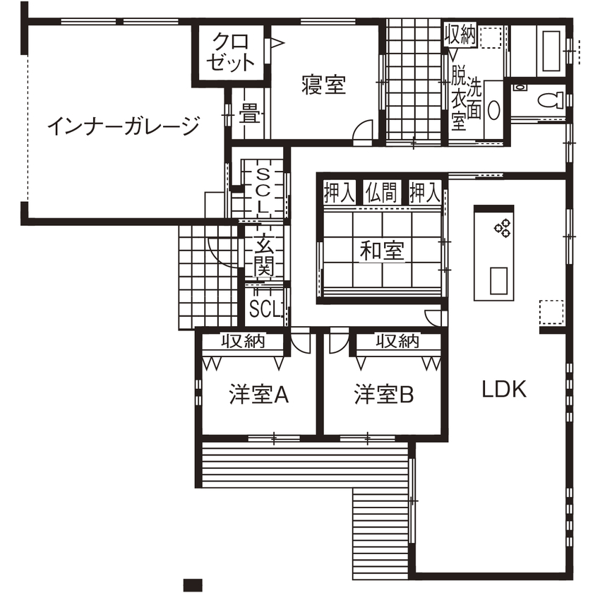 オカモトハウジング 【間取り図有/平屋/ガレージ/テラス】週末は友人が集い、寛ぐ。人生を楽しむプライベートリゾートの間取り図（4LDK＋ガレージ）1階