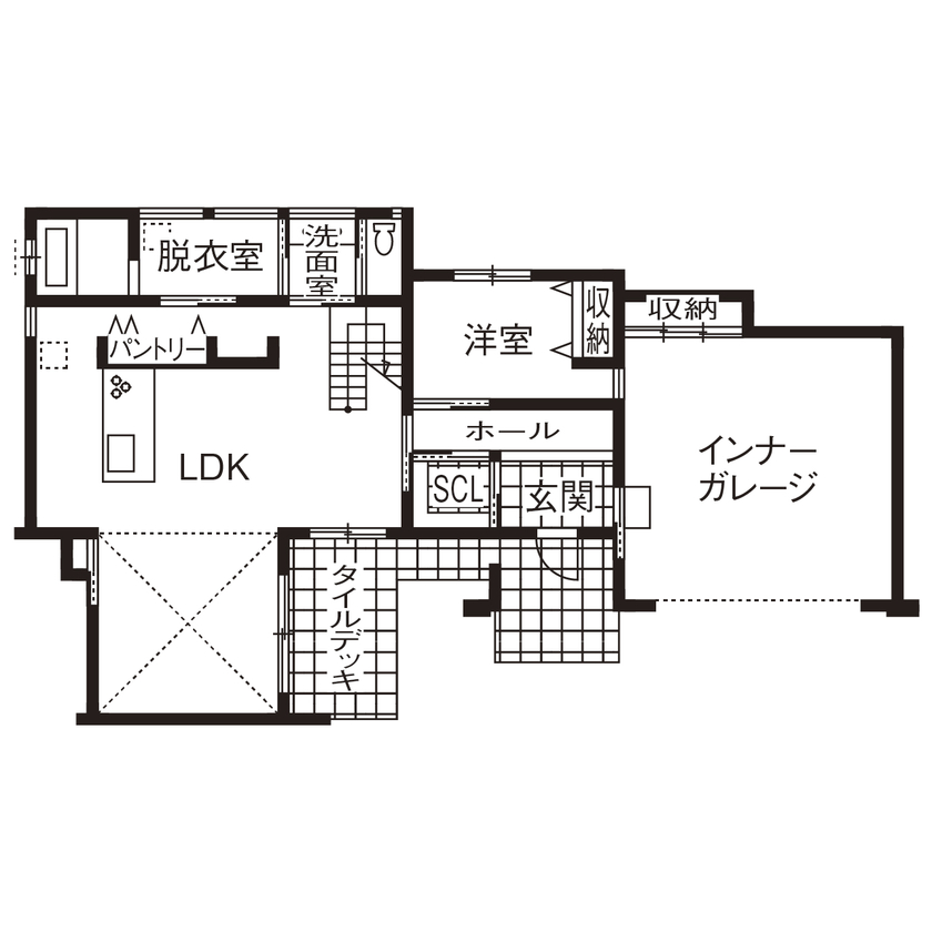 オカモトハウジング 【間取り図有/吹き抜け/ガレージ】重厚な質感と家事効率が共存。石とタイルが調和するデザインハウスの間取り図（4LDK＋ガレージ）1階