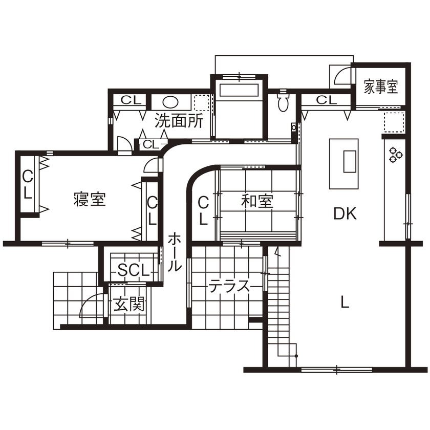 オカモトハウジング 【間取り図有/吹き抜け/平屋風】ダイナミックな吹抜けが開放感な、タイルと擬石でつくるモダニズム邸宅の間取り図（4LDK）1階