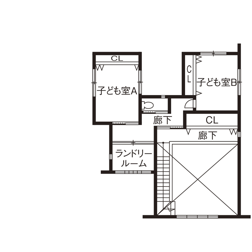 オカモトハウジング 【間取り図有/吹き抜け/平屋風】ダイナミックな吹抜けが開放感な、タイルと擬石でつくるモダニズム邸宅の間取り図（4LDK）2階
