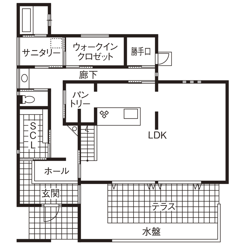 オカモトハウジング 【間取り図有/テラス/リゾートライク】大開口でリビングと繋がる、水盤テラスのある家の間取り図（3LDK＋テラス）1階