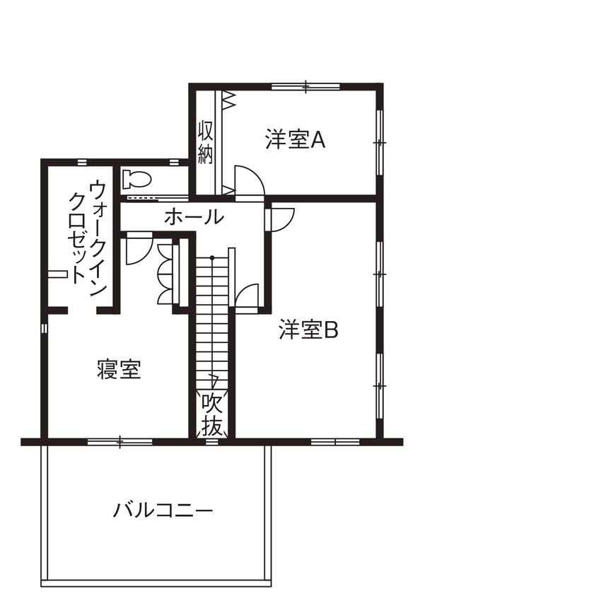 オカモトハウジング 【間取り図有/テラス/リゾートライク】大開口でリビングと繋がる、水盤テラスのある家の間取り図（3LDK＋テラス）2階