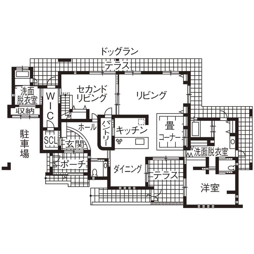 オカモトハウジング 【間取り図有/平屋風/ドッグラン】季節の移り変わりに心躍る。愛犬と暮らす、崖上リゾートハウスの間取り図（2LDK）1階