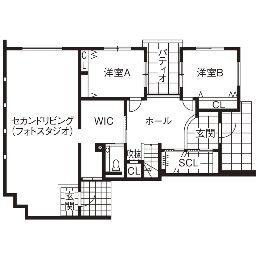 オカモトハウジング 【間取り図有/2階LDK/収納充実】住宅街でも圧倒的な開放感。交通量の多い交差点に佇む、シンボリックな家の間取り図（3LDK＋スタジオ）1階