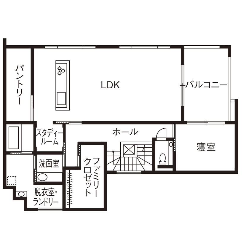 オカモトハウジング 【間取り図有/2階LDK/収納充実】住宅街でも圧倒的な開放感。交通量の多い交差点に佇む、シンボリックな家の間取り図（3LDK＋スタジオ）2階