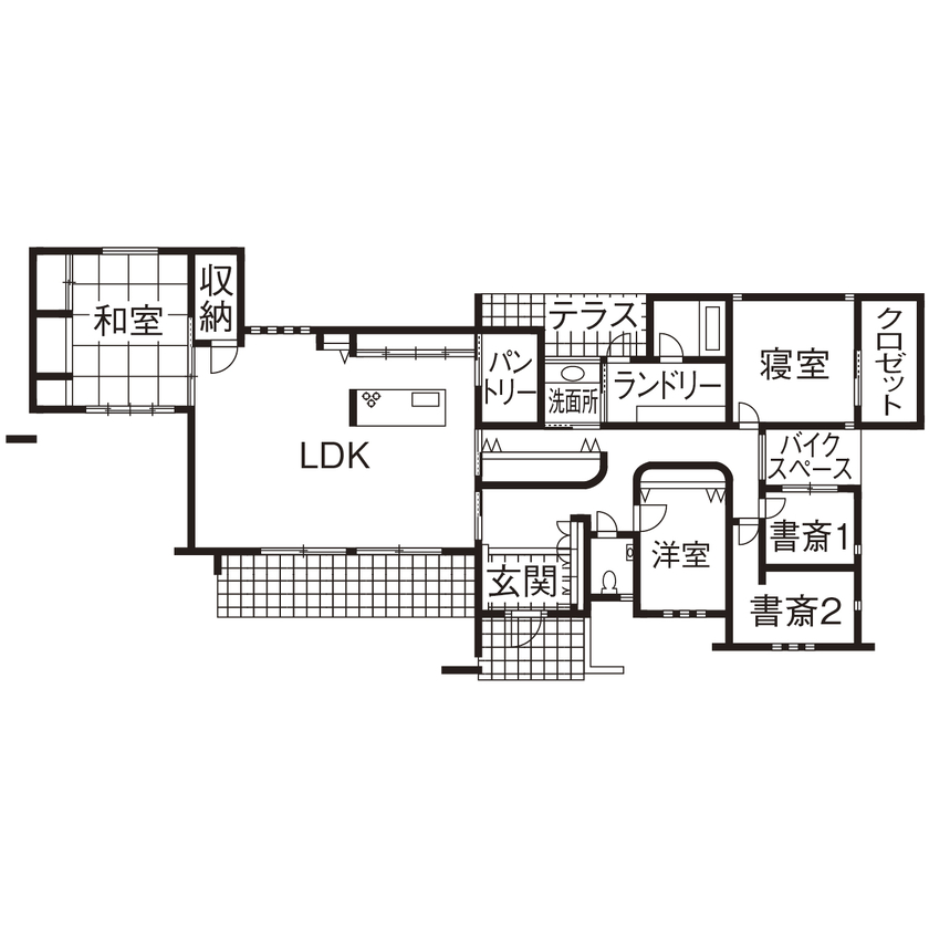 オカモトハウジング 【間取り図有/鈴鹿市/薪ストーブ】日本庭園と融合するモダニズム。『燻し銀』がテーマの平屋住宅の間取り図（5LDK＋テラス）1階