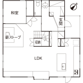 優建築工房 【40坪台・薪ストーブ・土間・間取り図】自然素材ならではのピュアでやさしい空気で子供が走り回れる住まいの間取り図（3LDK）1階