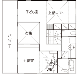優建築工房 【40坪台・薪ストーブ・土間・間取り図】自然素材ならではのピュアでやさしい空気で子供が走り回れる住まいの間取り図（3LDK）2階