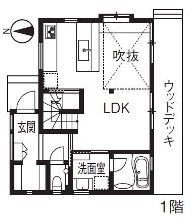 優建築工房 【1000万円台/20坪台/狭小/間取り】狭小ながらも光の集まるダイニングとウッドデッキで家族の団らんをの間取り図（2LDK）1階